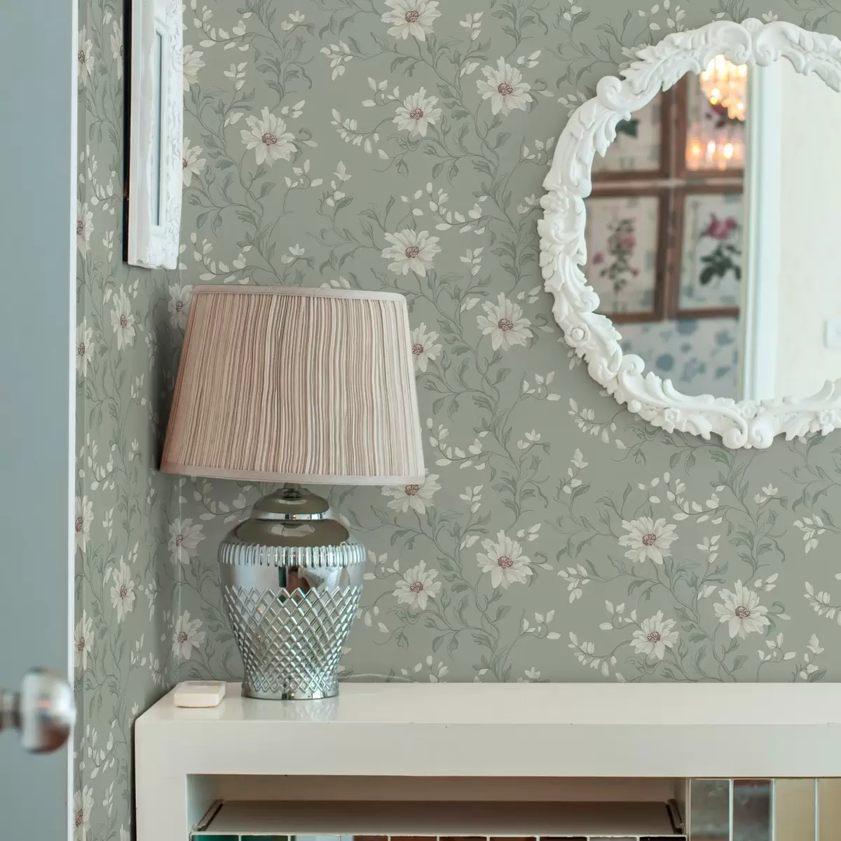 Papel de parede Flores brancas com folhas onduladas a00001