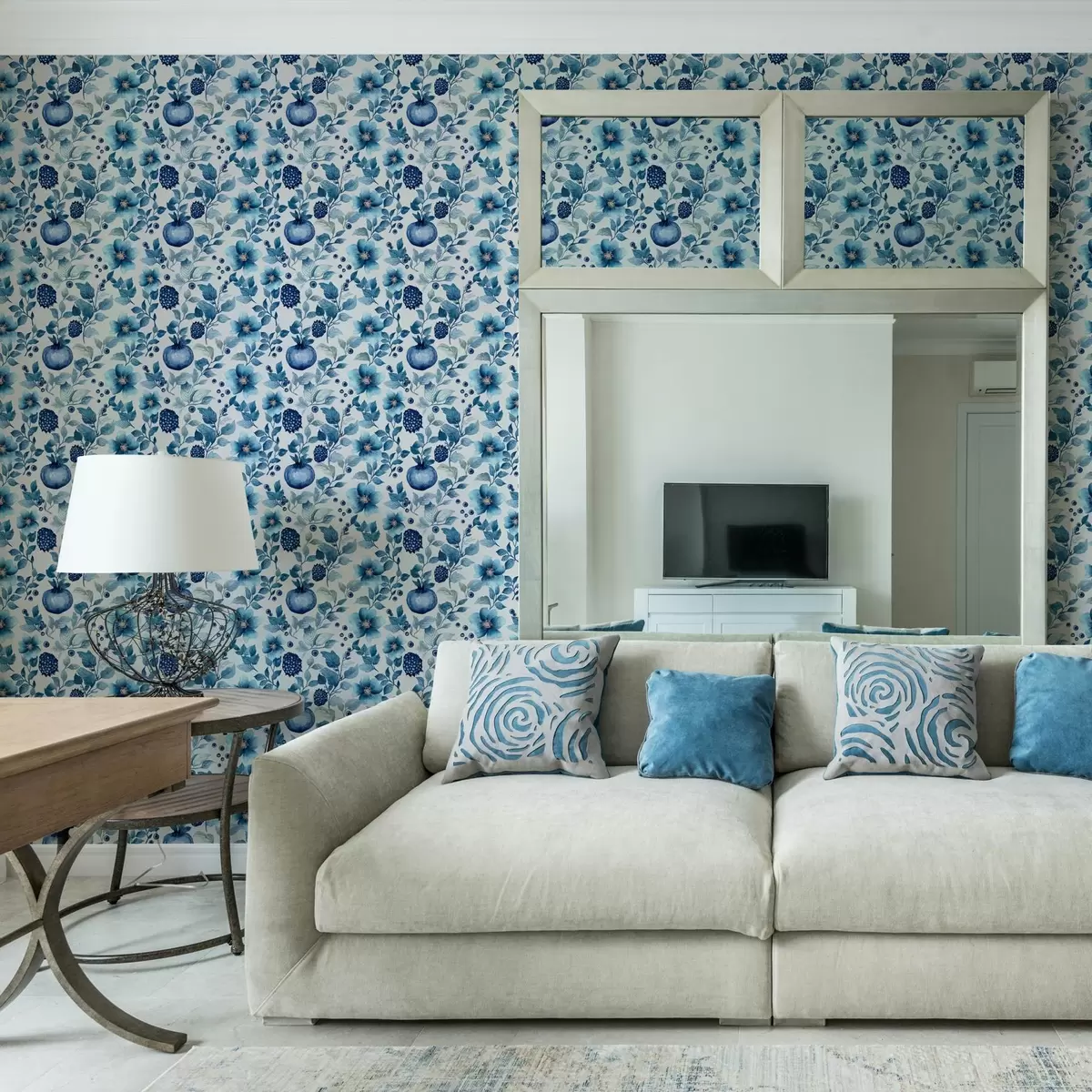 Papel de parede Flores azuis e romãs a00002