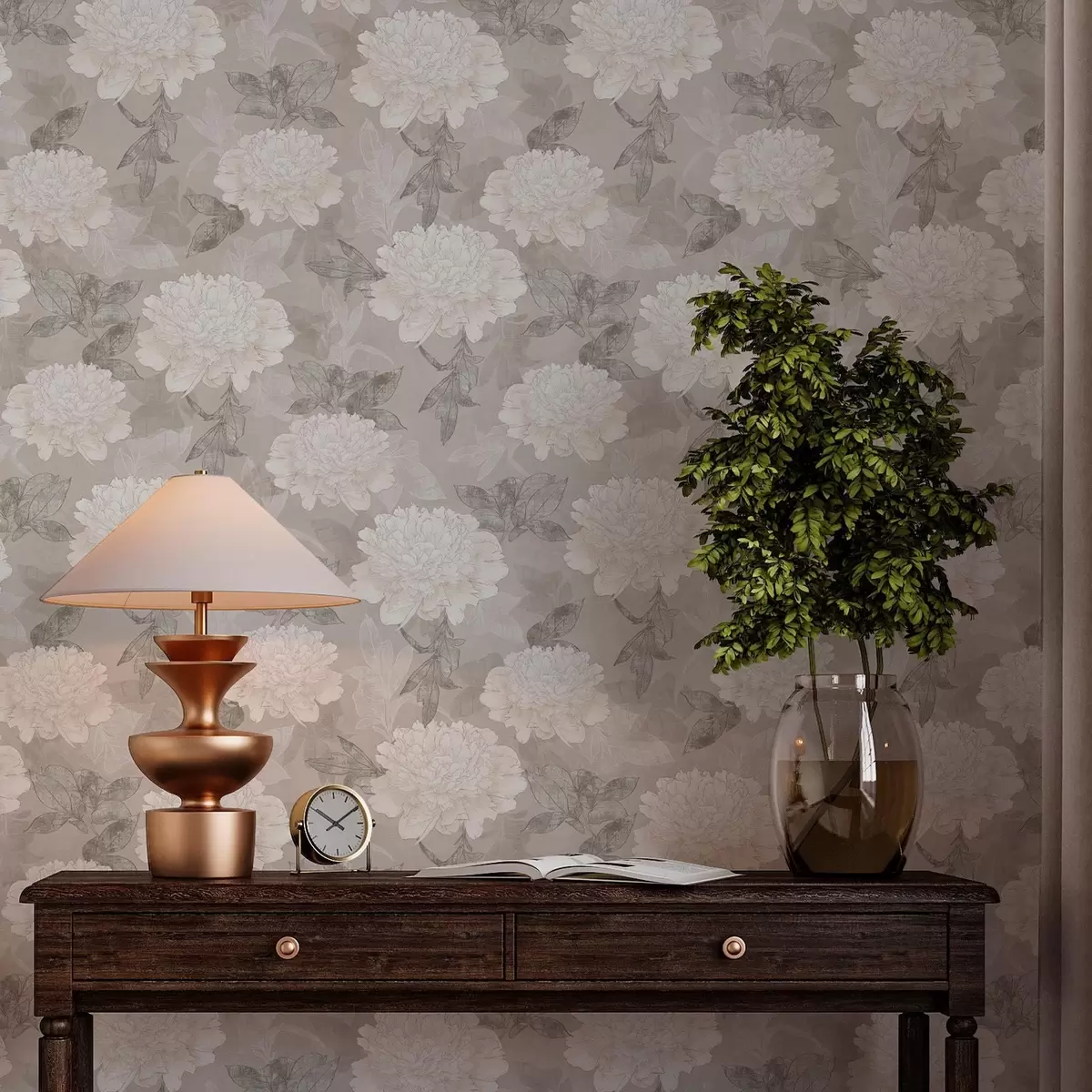 Papel de parede Peônias e folhas de cores claras em estilo grunge a00005