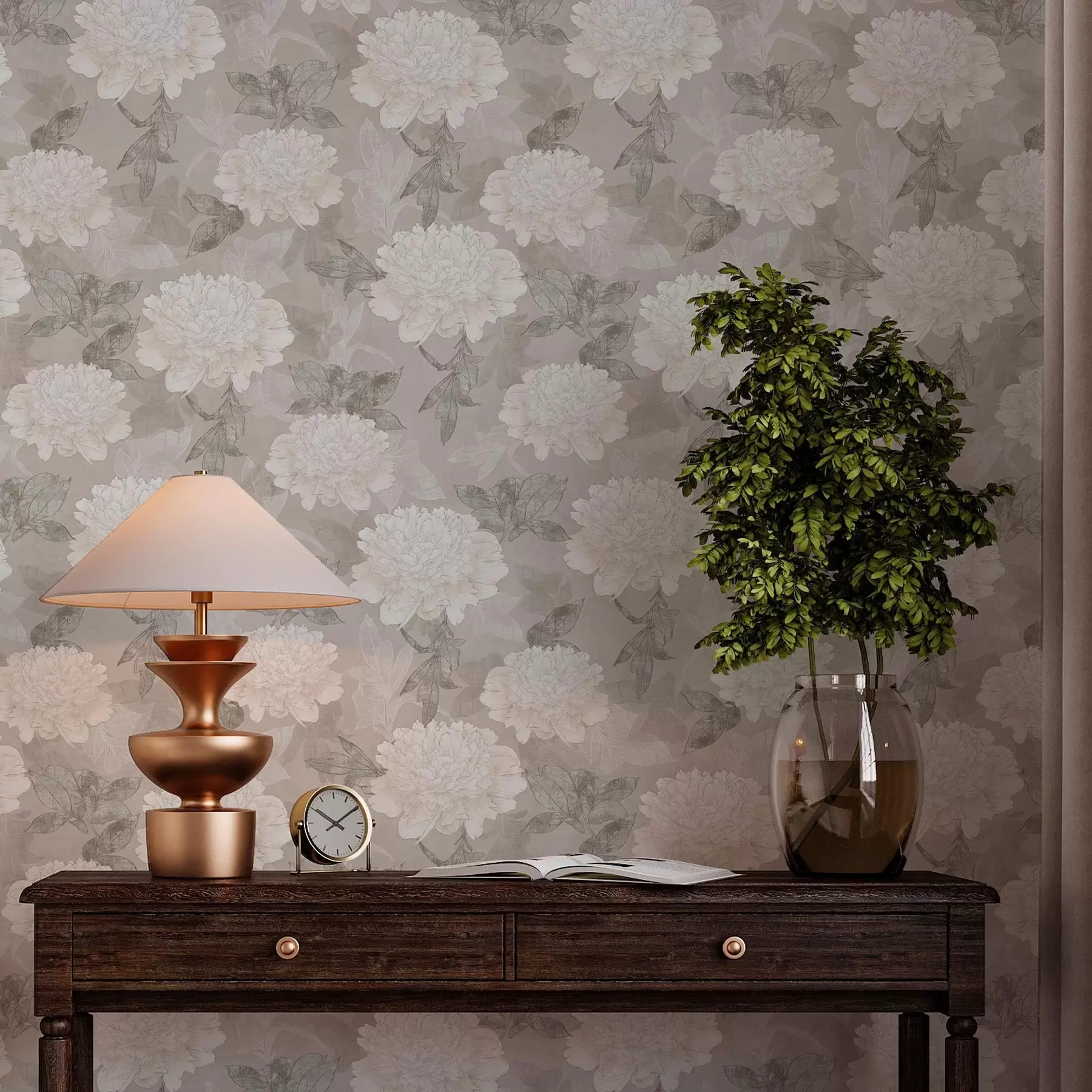 murais de parede Peônias e folhas de cores claras em estilo grunge a00005