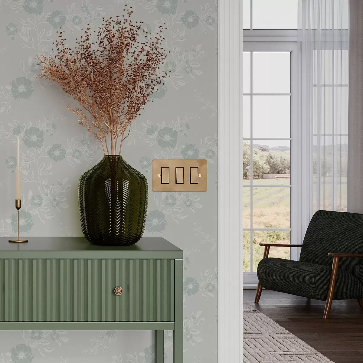 Papel de parede Flores com folhas claras em um fundo azul a00006v2