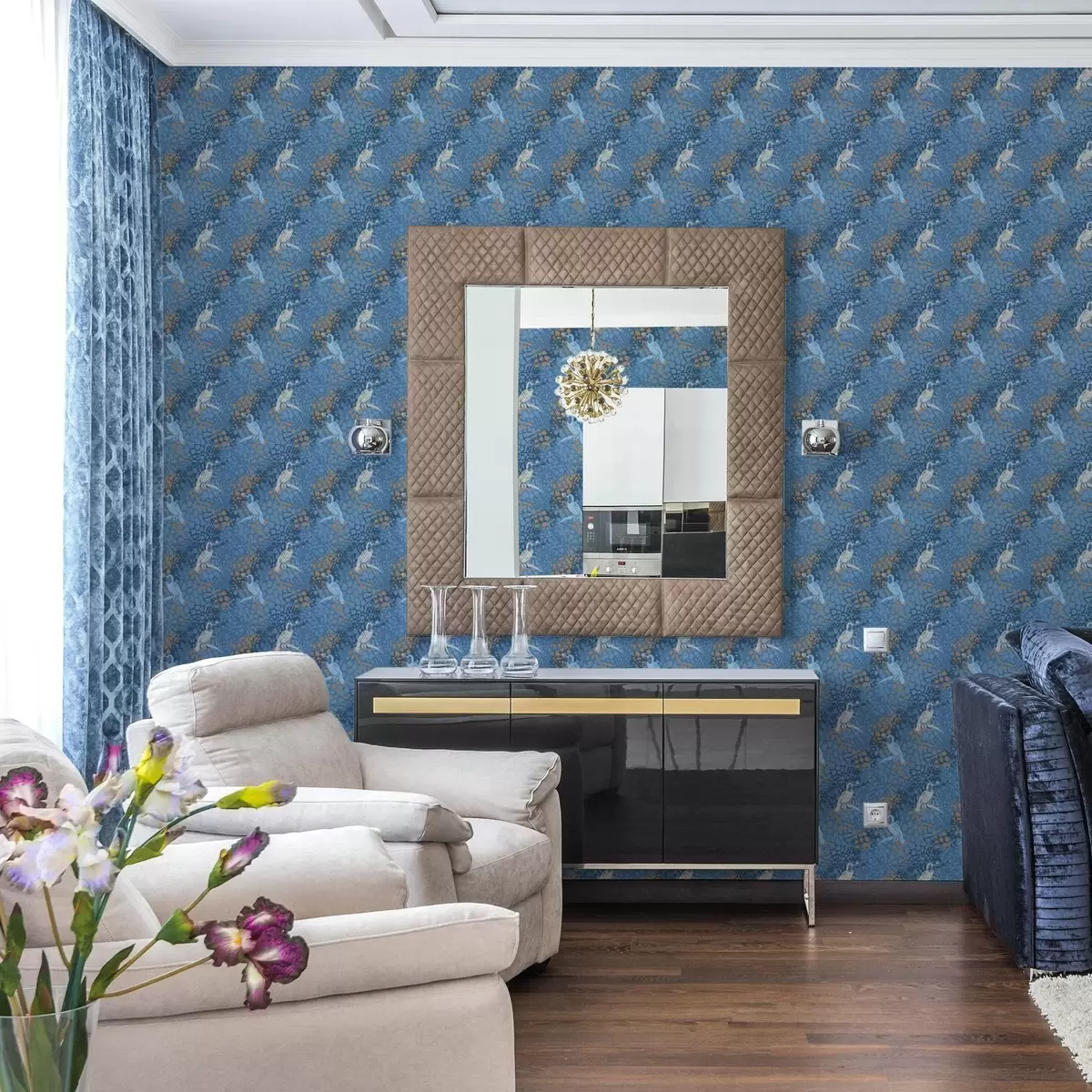 Papel de parede Pássaros azuis e brancos em um fundo azul a00009