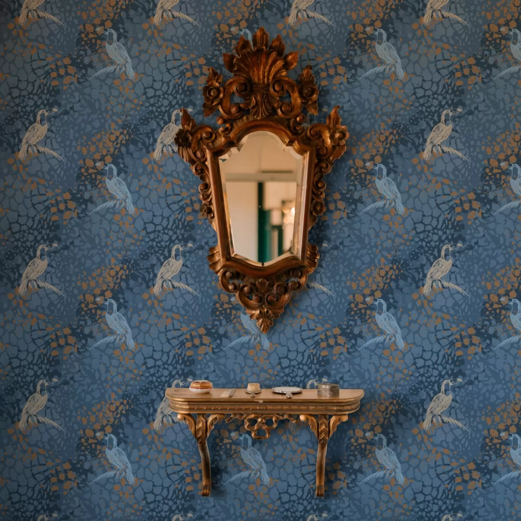 murais de parede Pássaros azuis e brancos em um fundo azul a00009