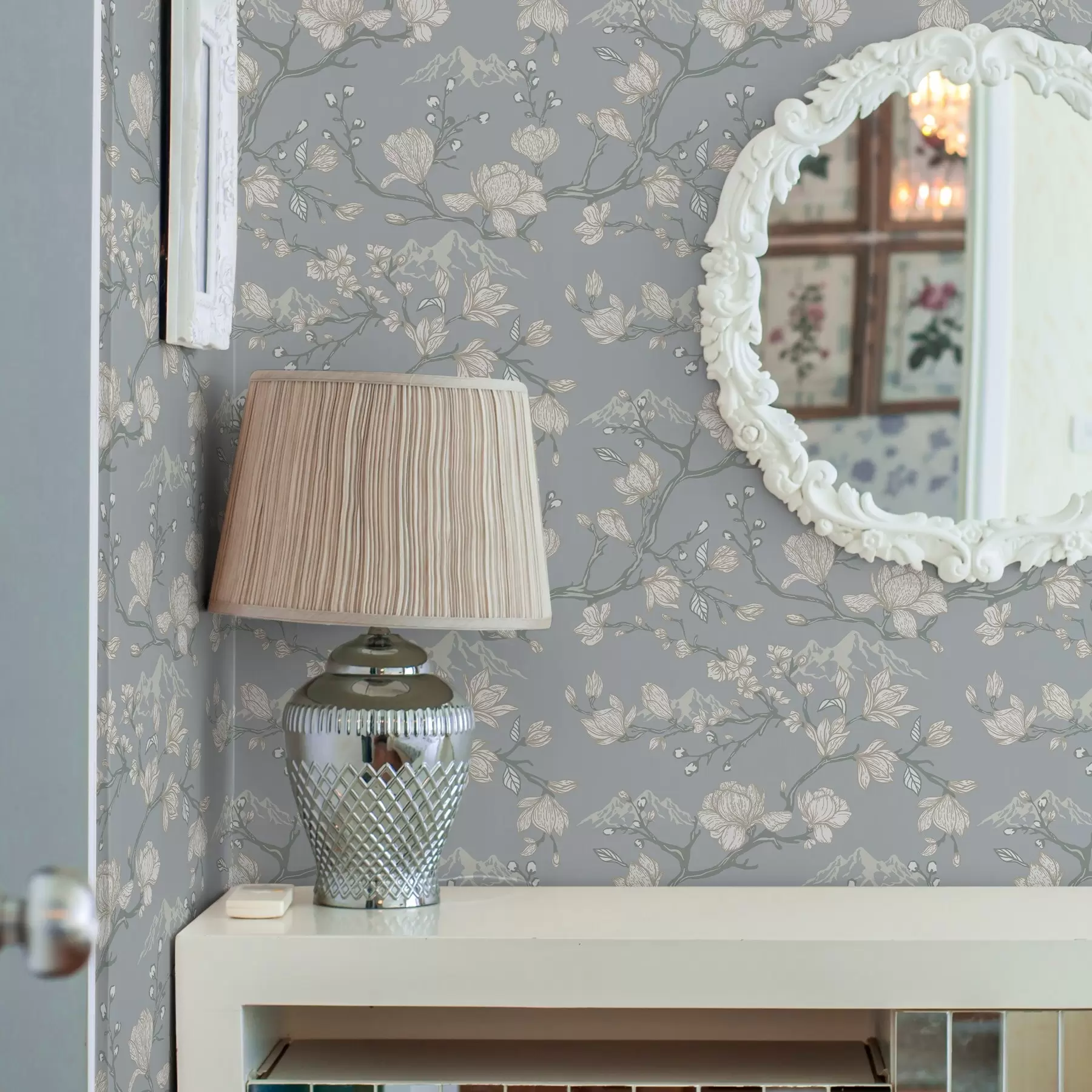 murais de parede Flores brancas em galhos e montanhas em um fundo azul a00021