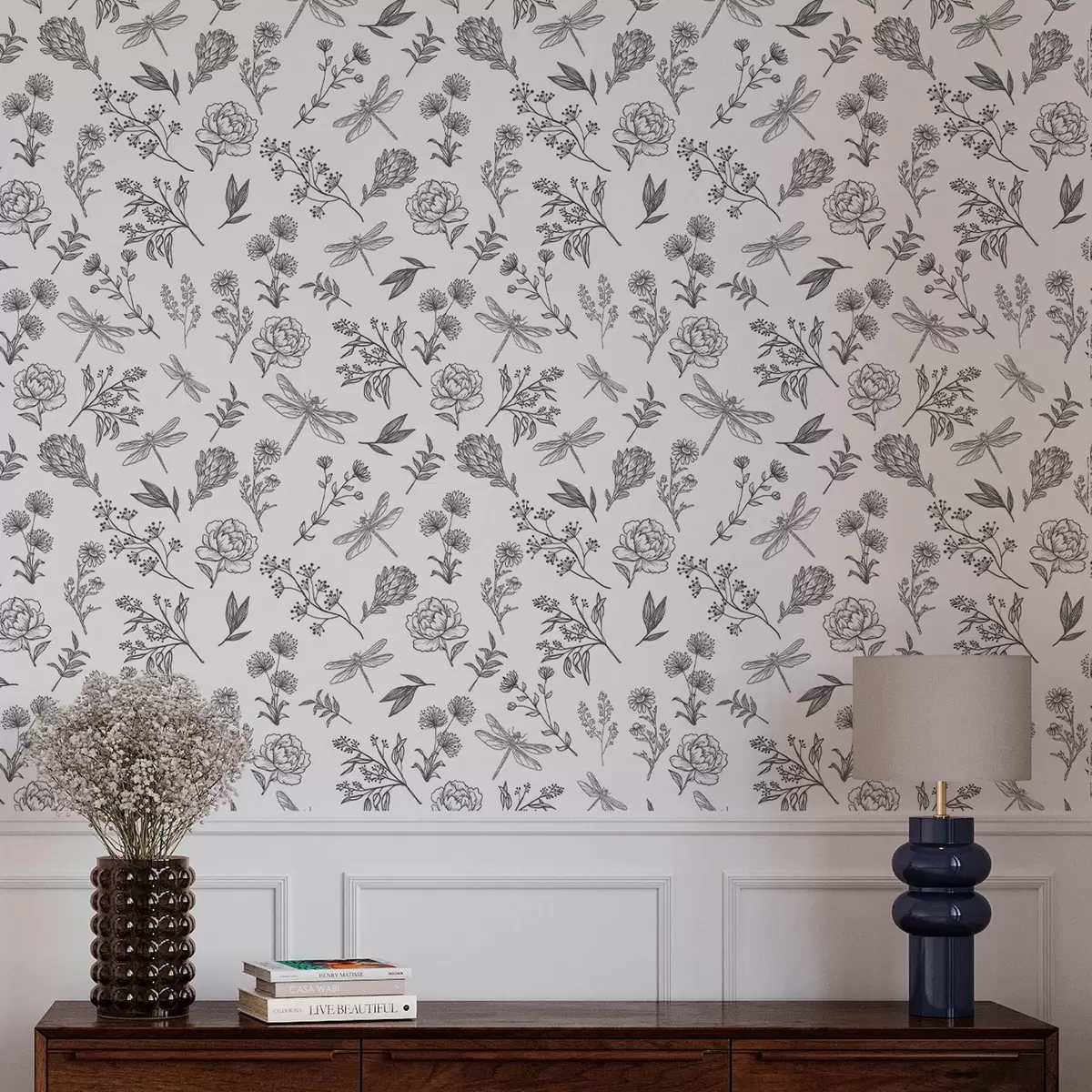 Papel de parede Flores, folhas e libélulas em um fundo branco a00025v1