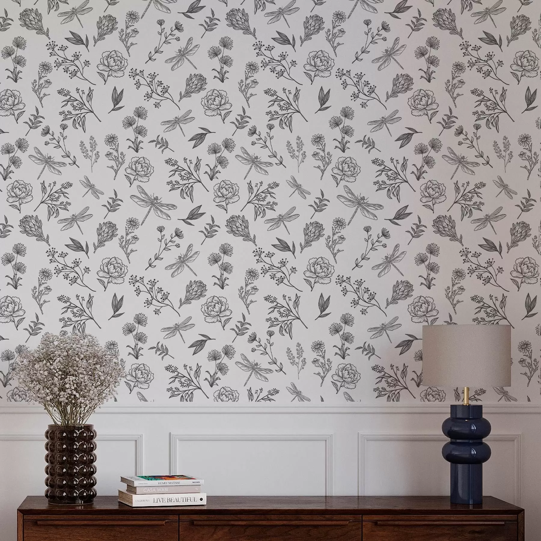 murais de parede Flores, folhas e libélulas em um fundo branco a00025v1