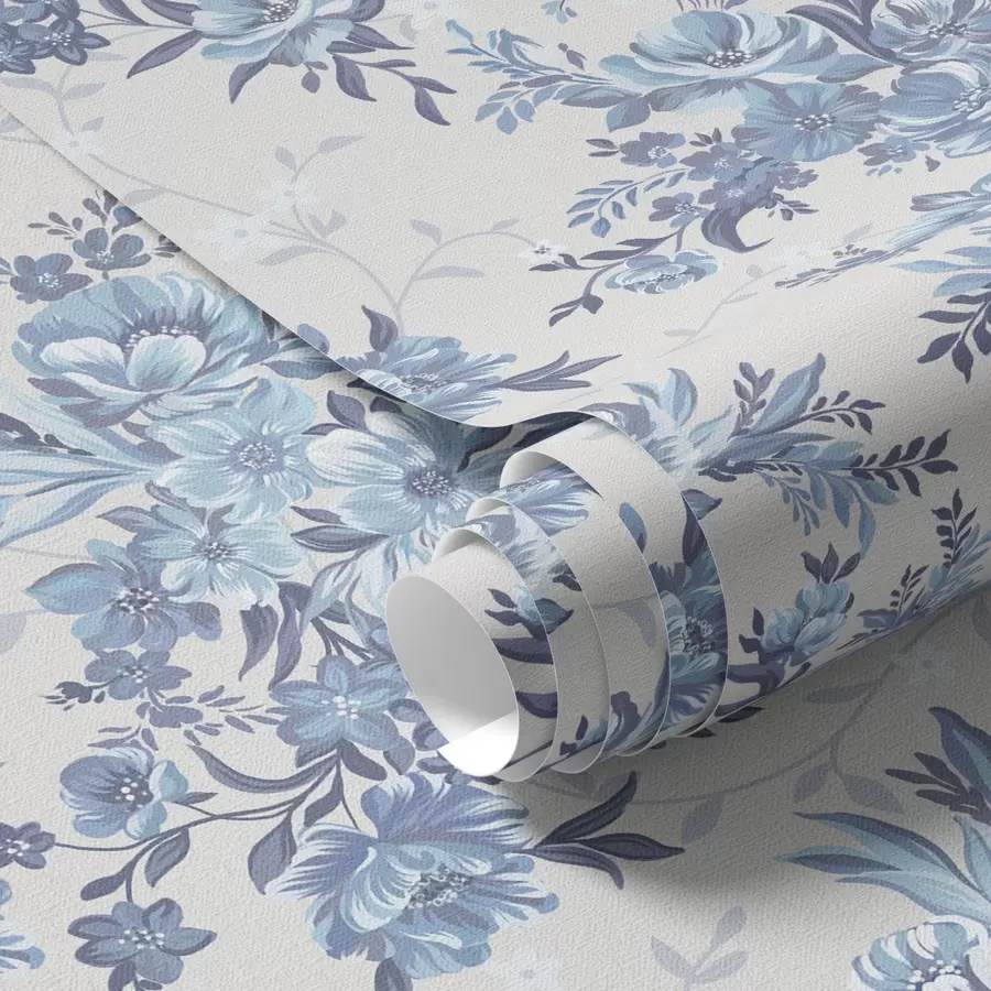 murais de parede Flores e folhas delicadas nas cores azul e azul em um fundo claro a00027