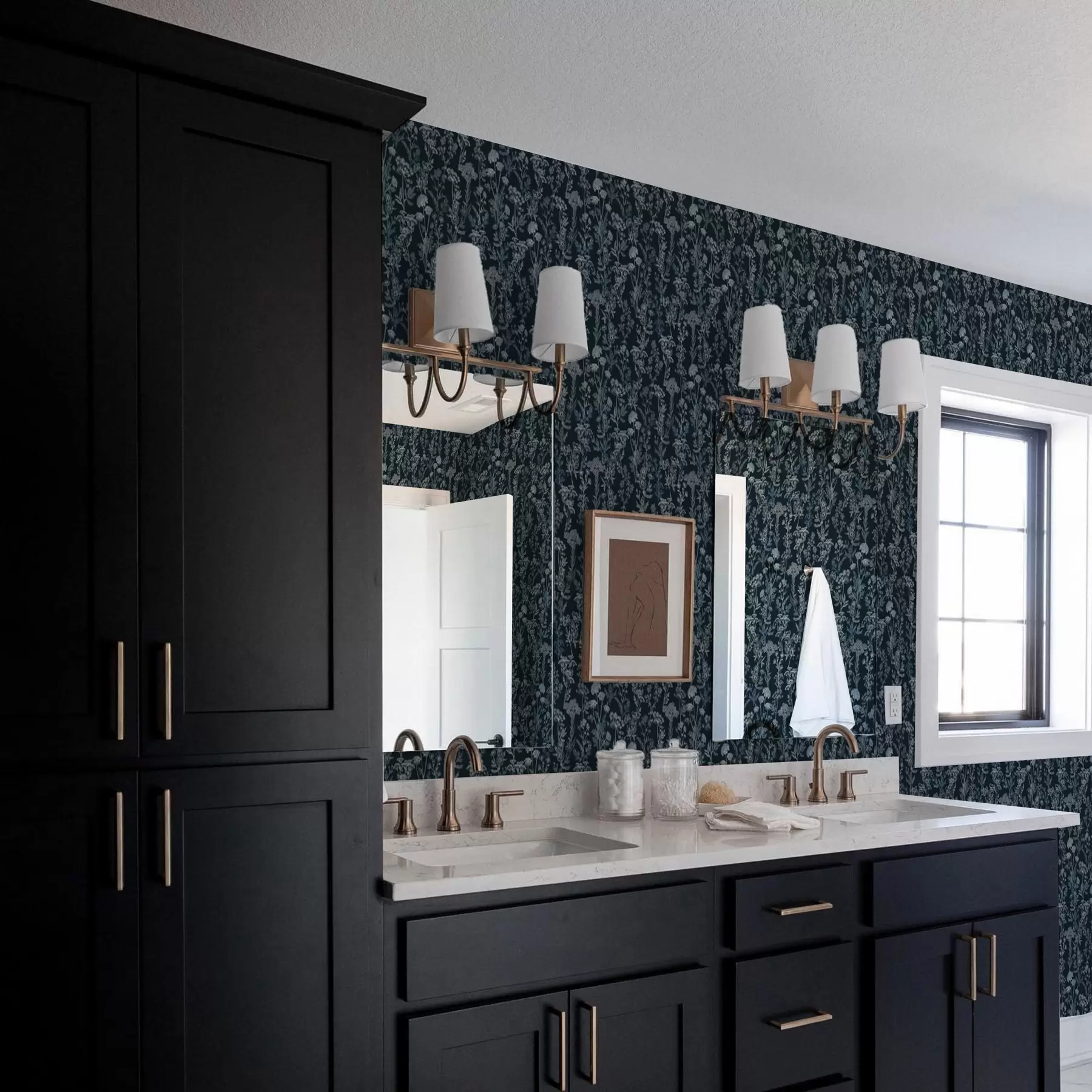 murais de parede Plantas brancas e azuis em um fundo escuro a00029