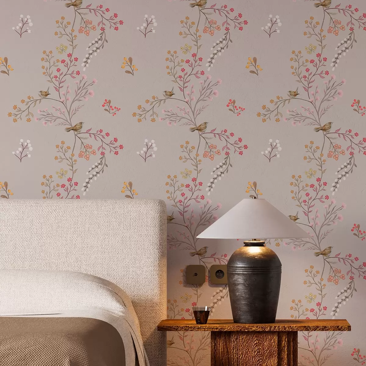 Papel de parede Flores delicadas e beija-flores nos galhos a00036