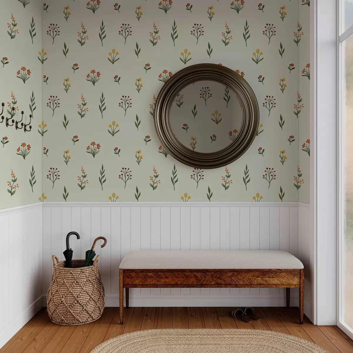 Papel de parede Flores minimalistas em um fundo verde claro a00037