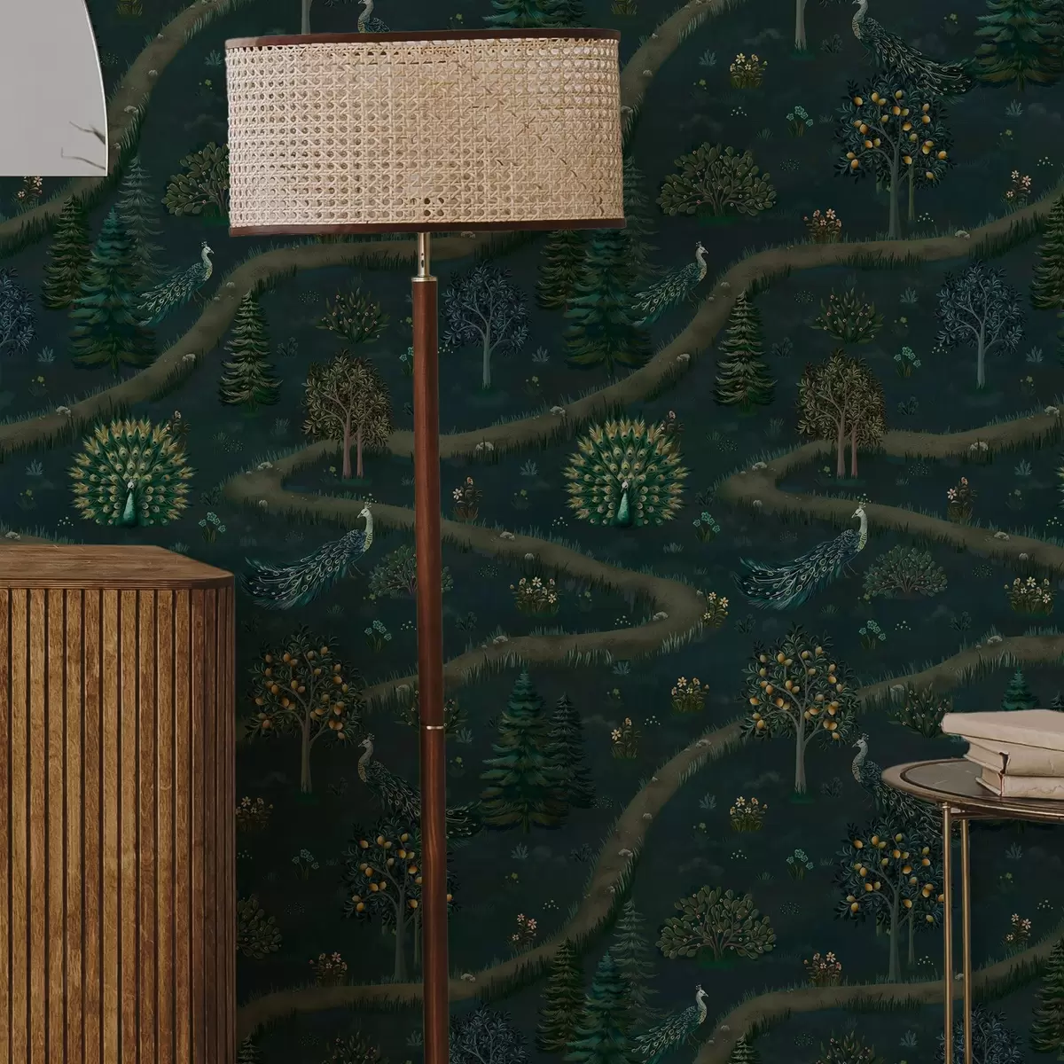 Papel de parede Caminho sinuoso com pavões e limoeiros em um fundo escuro a00041v1