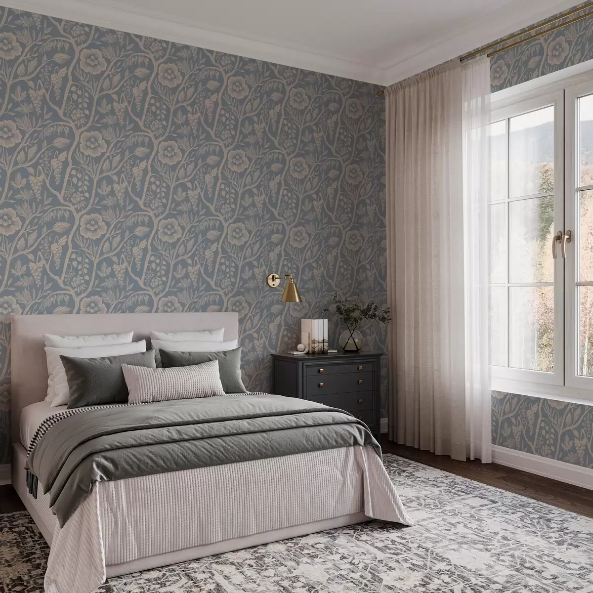 Papel de parede Flores brancas, caules e uvas em um fundo azul a00044