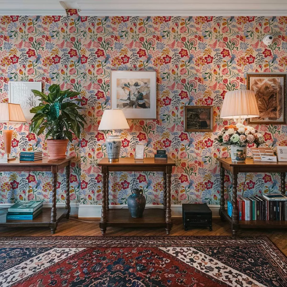 Papel de parede Composição brilhante de flores e bagas com papagaios a00046