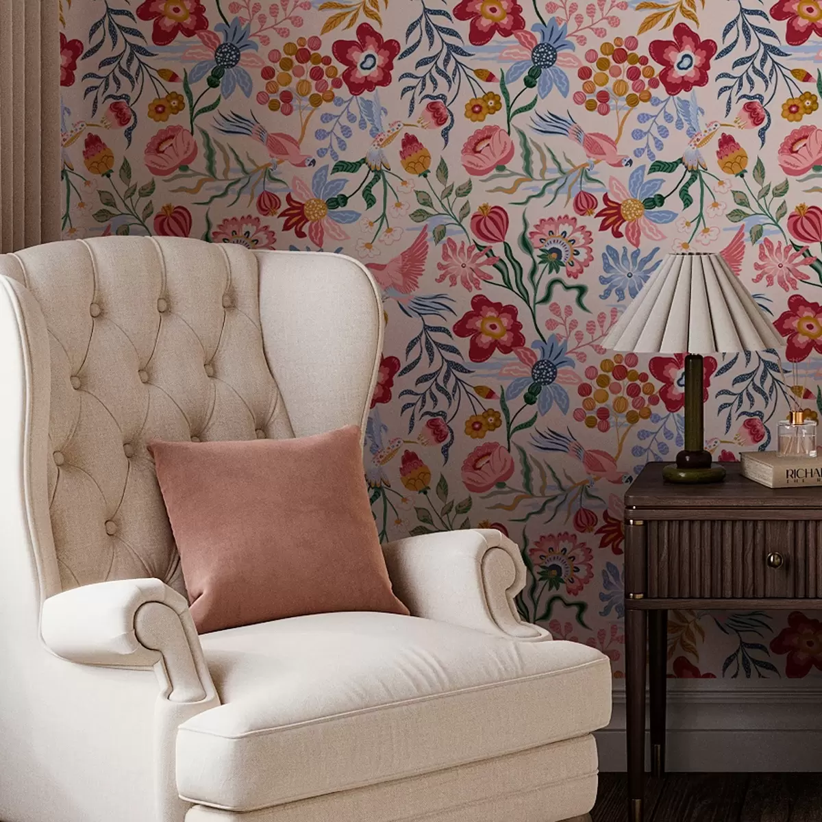 Papel de parede Composição brilhante de flores e bagas com papagaios a00046