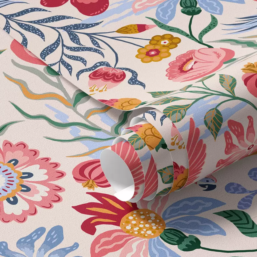 murais de parede Composição brilhante de flores e bagas com papagaios a00046