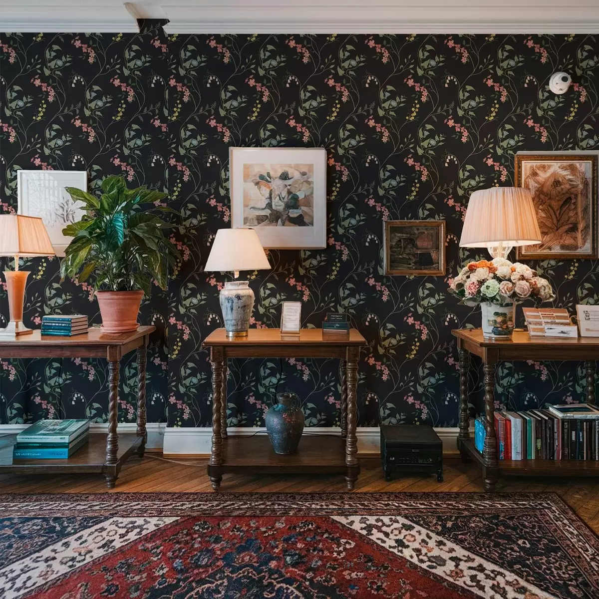 Papel de parede Flores, folhas e caules em um fundo escuro a00047