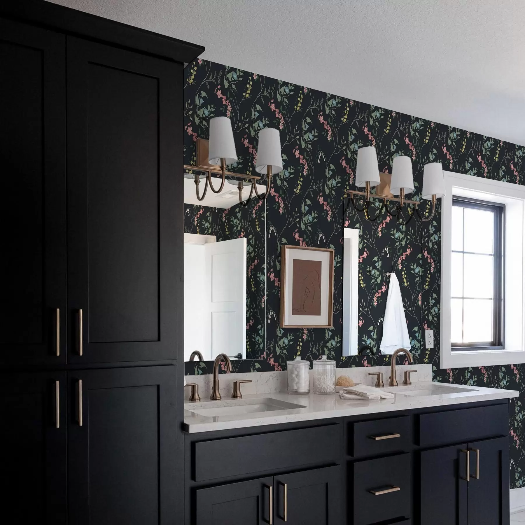 murais de parede Flores, folhas e caules em um fundo escuro a00047