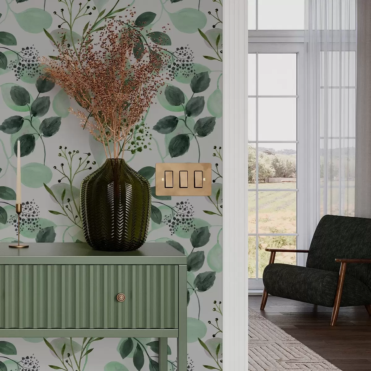 Papel de parede Folhas de outono em estilo aquarela em tons de verde a00048v1