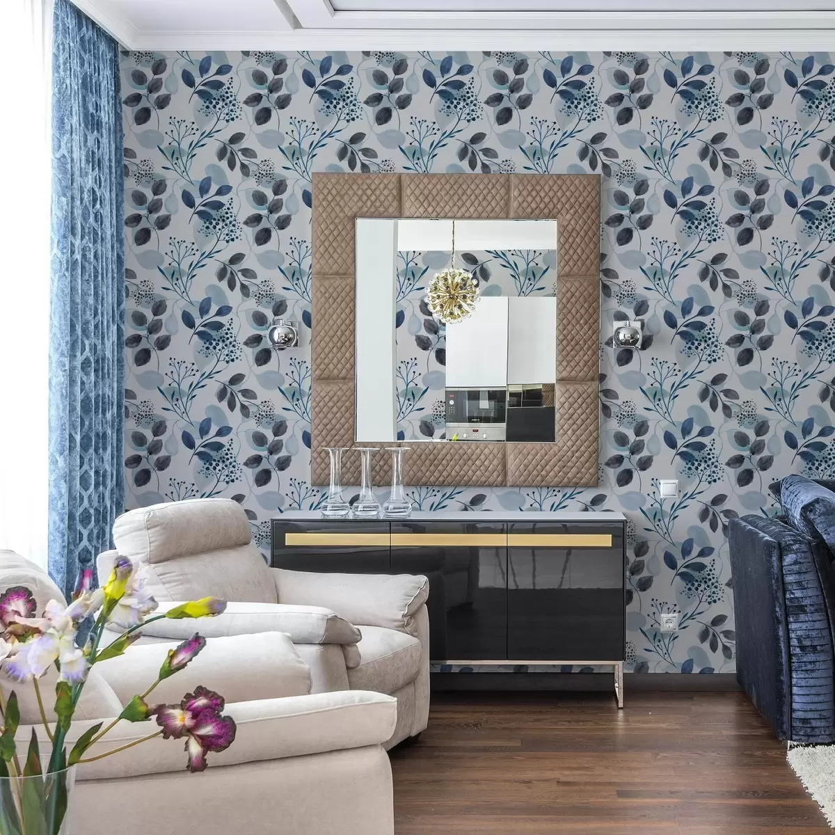 Papel de parede Folhas de outono em estilo aquarela em tons de azul a00048v2