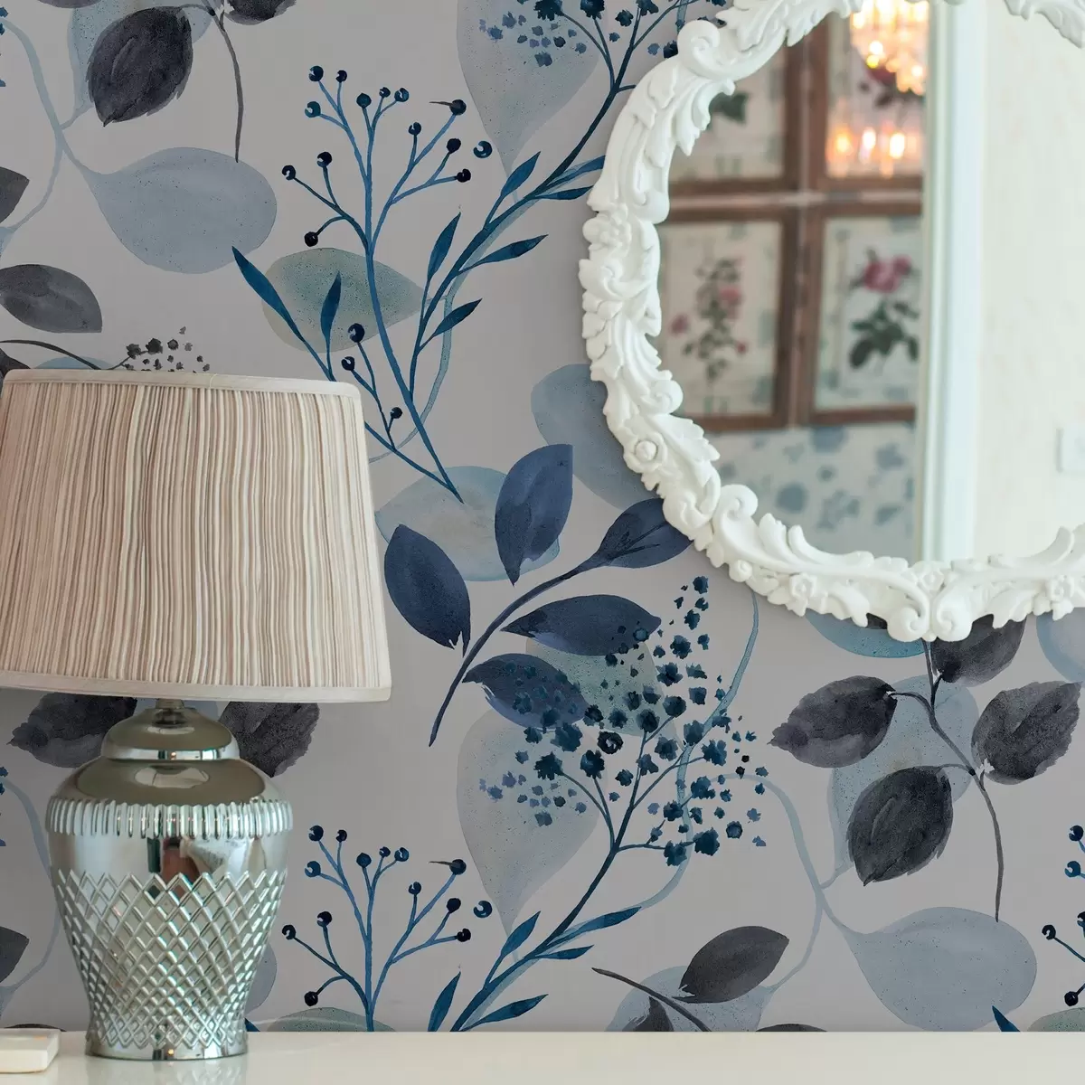 Papel de parede Folhas de outono em estilo aquarela em tons de azul a00048v2