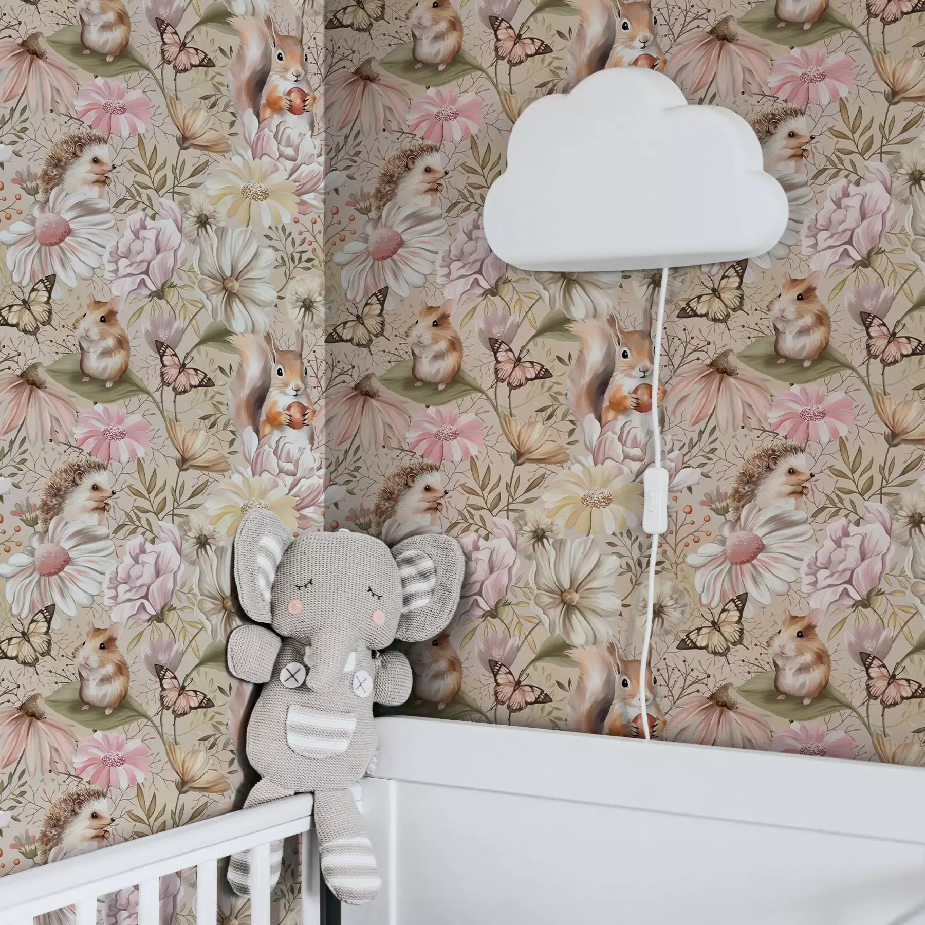 murais de parede Ouriço, esquilo, hamster e borboletas fofos com flores em tons pastéis a00051