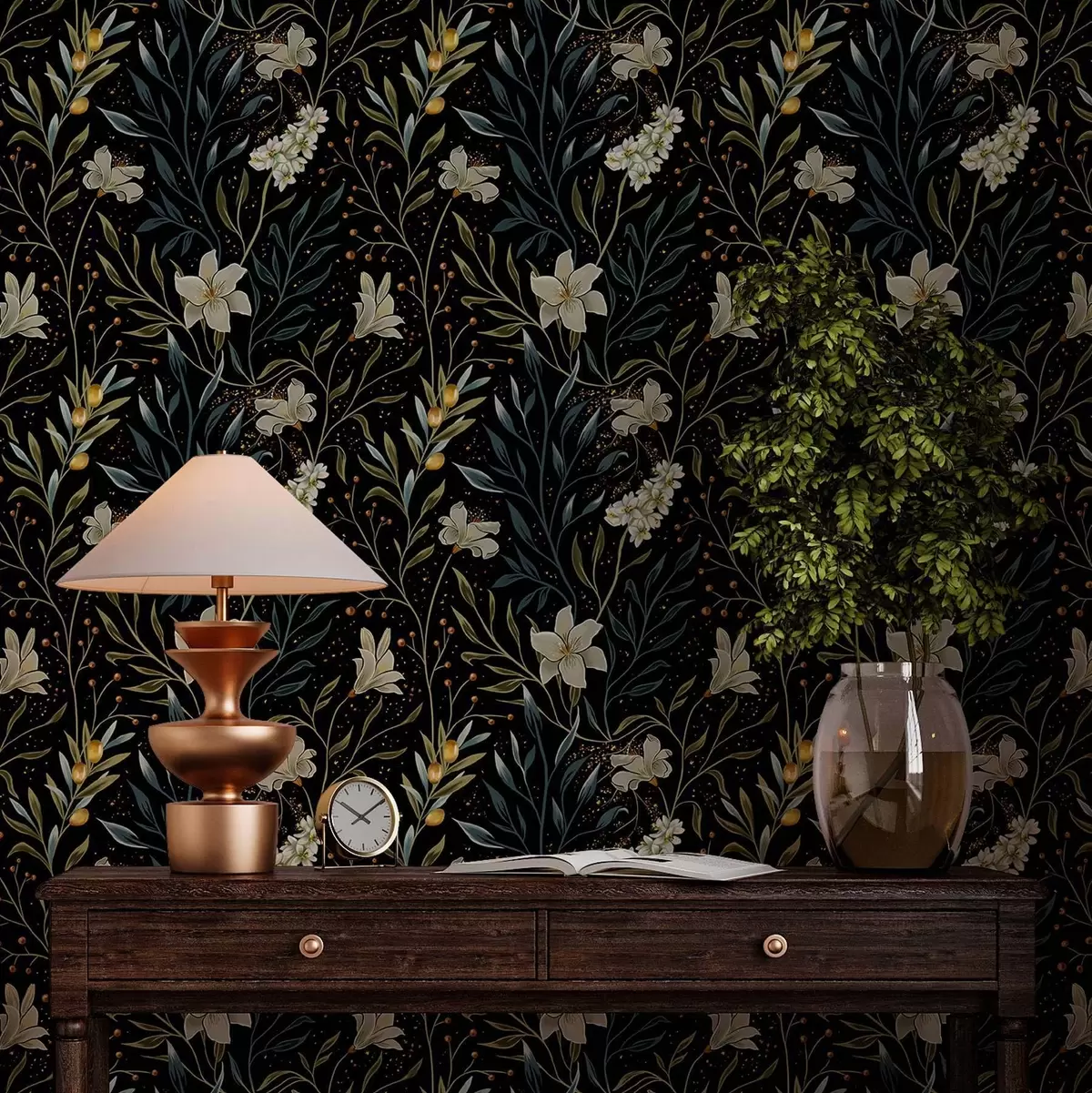 Papel de parede Composição de flores claras e folhas escuras em um fundo escuro a00053