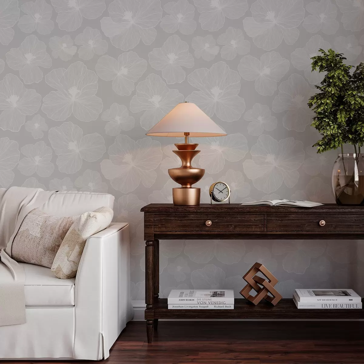 Papel de parede Flores grandes em um fundo cinza a00068