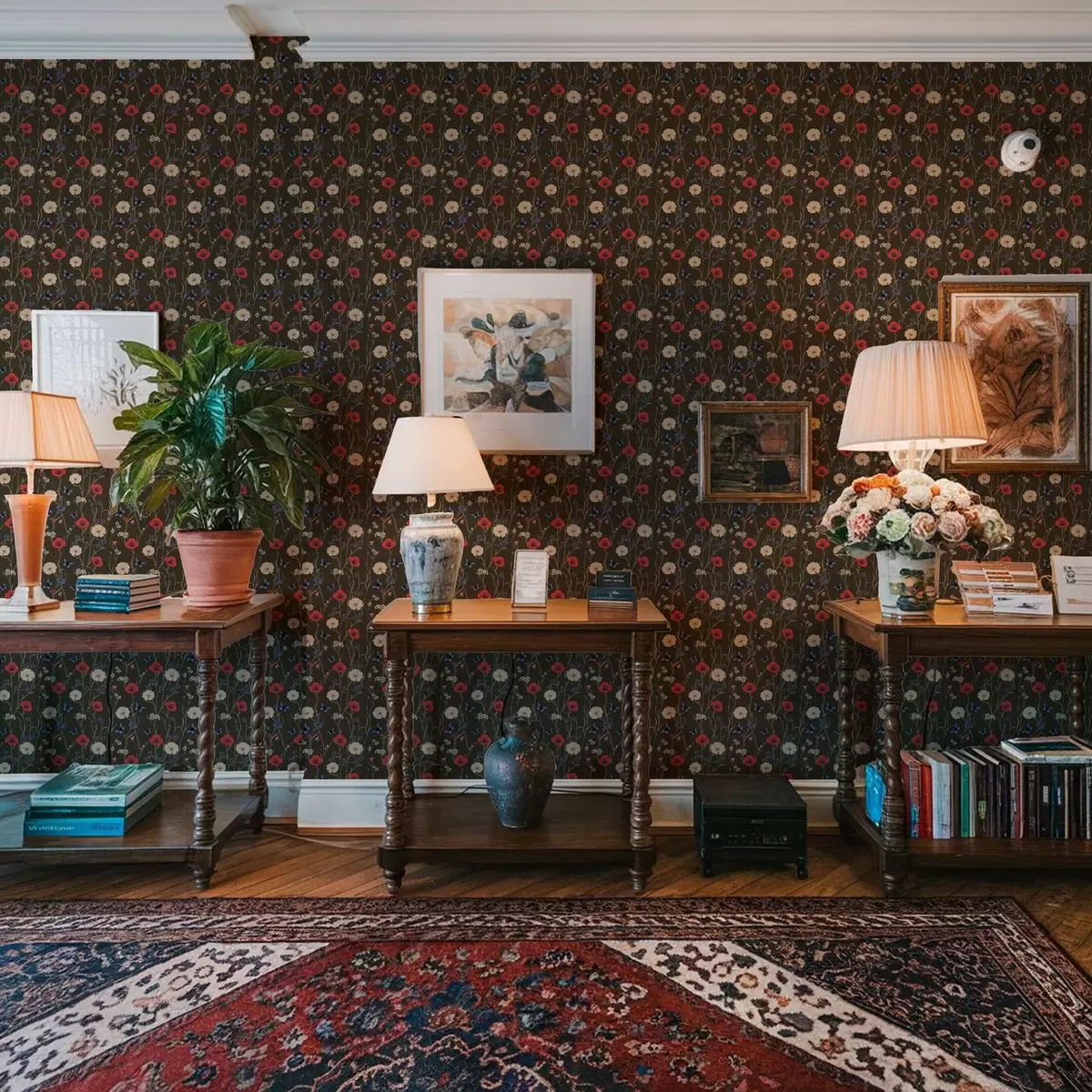 Papel de parede Papoulas, margaridas e borboletas em um fundo escuro a00072v2