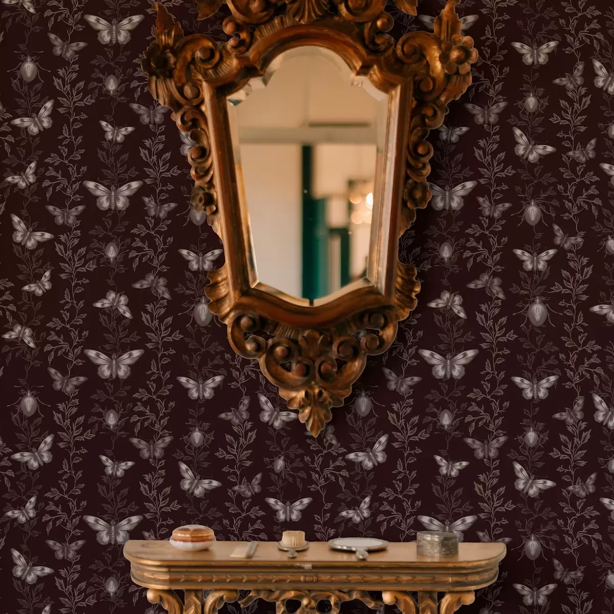 Papel de parede Composição com borboletas, folhas e insetos em um fundo escuro a00073v1