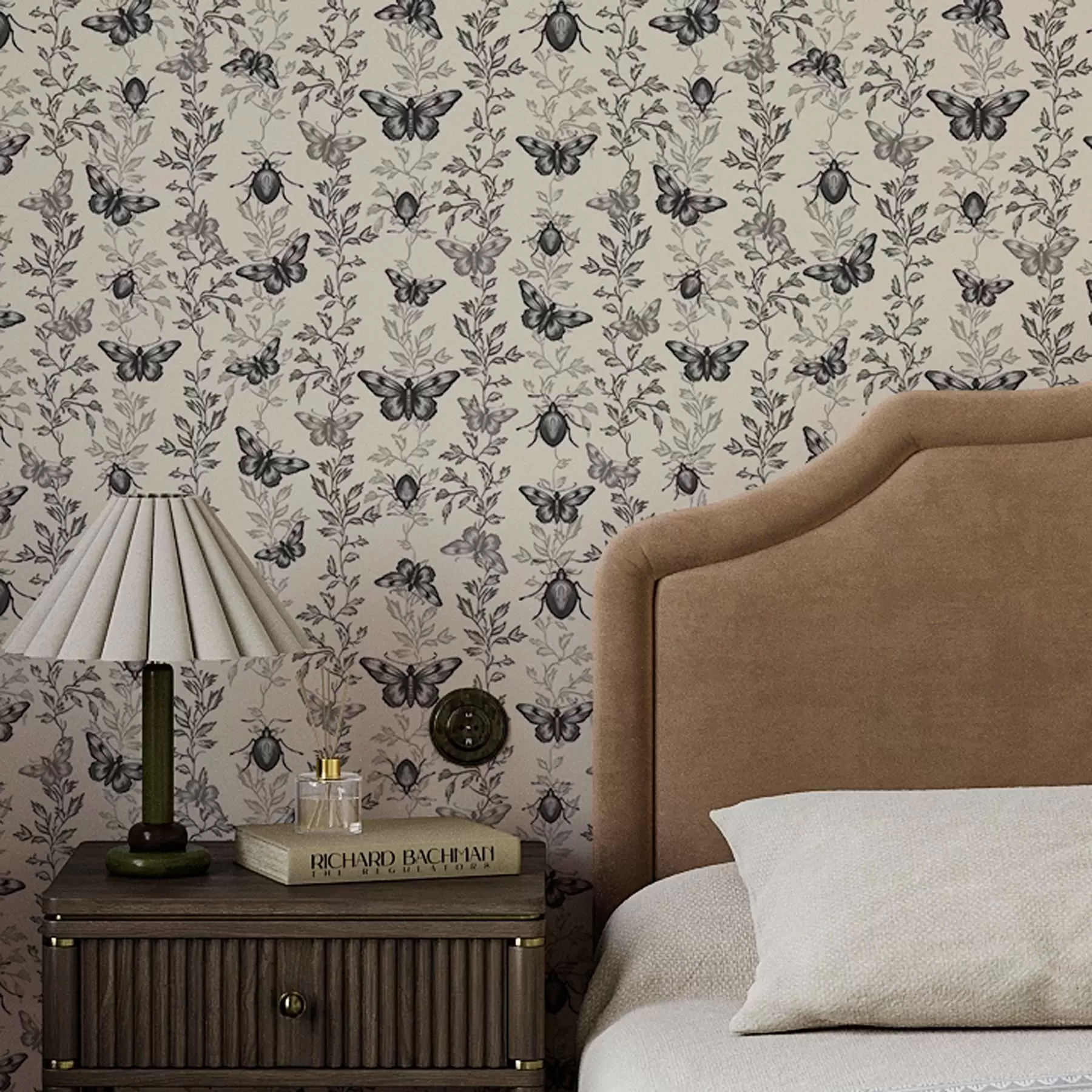 murais de parede Composição com borboletas, folhas e insetos em um fundo claro a00073v2