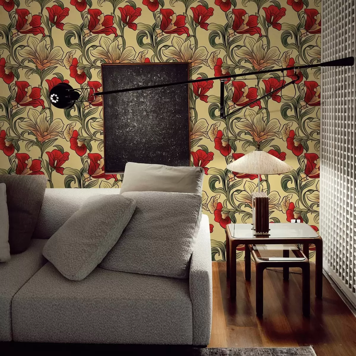 Papel de parede Caules brilhantes e retorcidos com folhas e flores vermelhas a00075