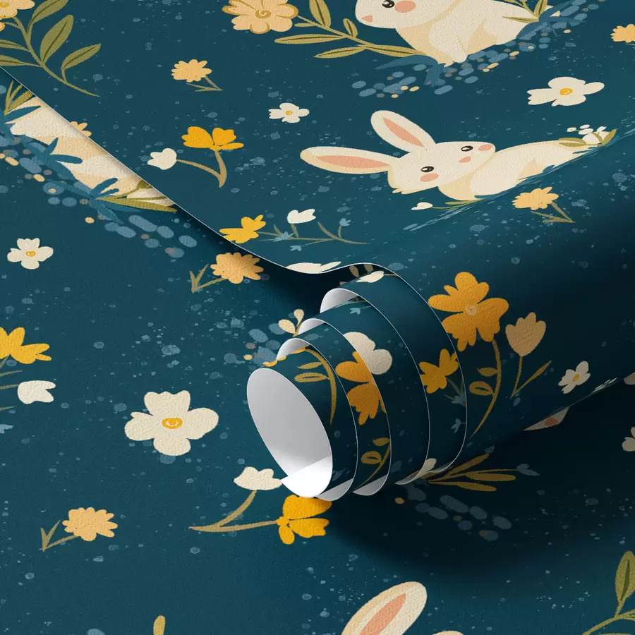 murais de parede Coelhos na grama e flores em um fundo escuro a00080