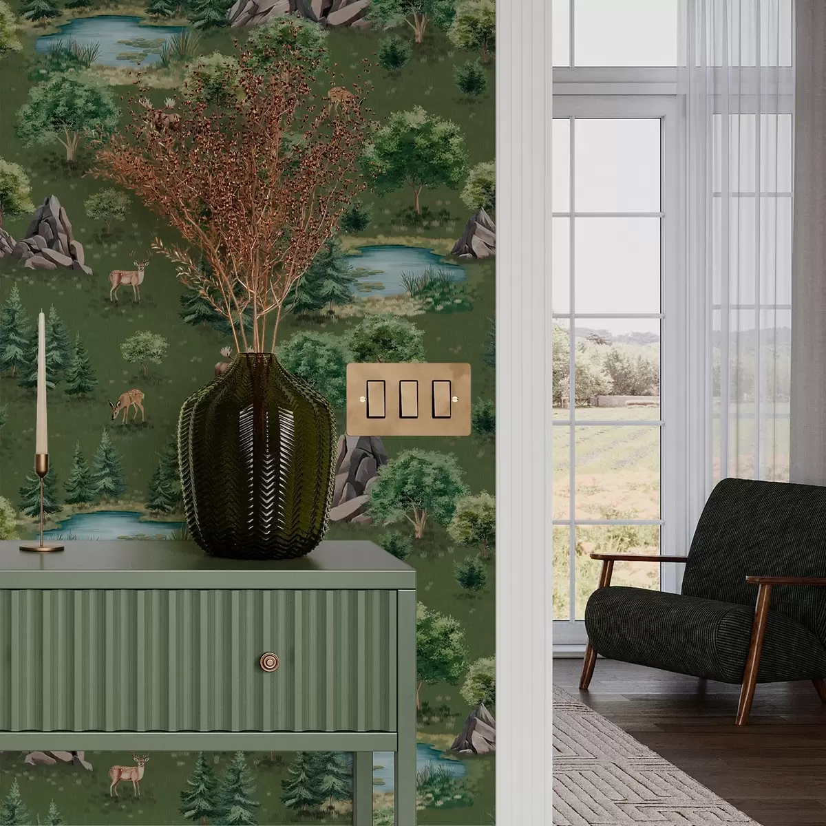 Papel de parede Veado à beira do lago com árvores e pedras a00086