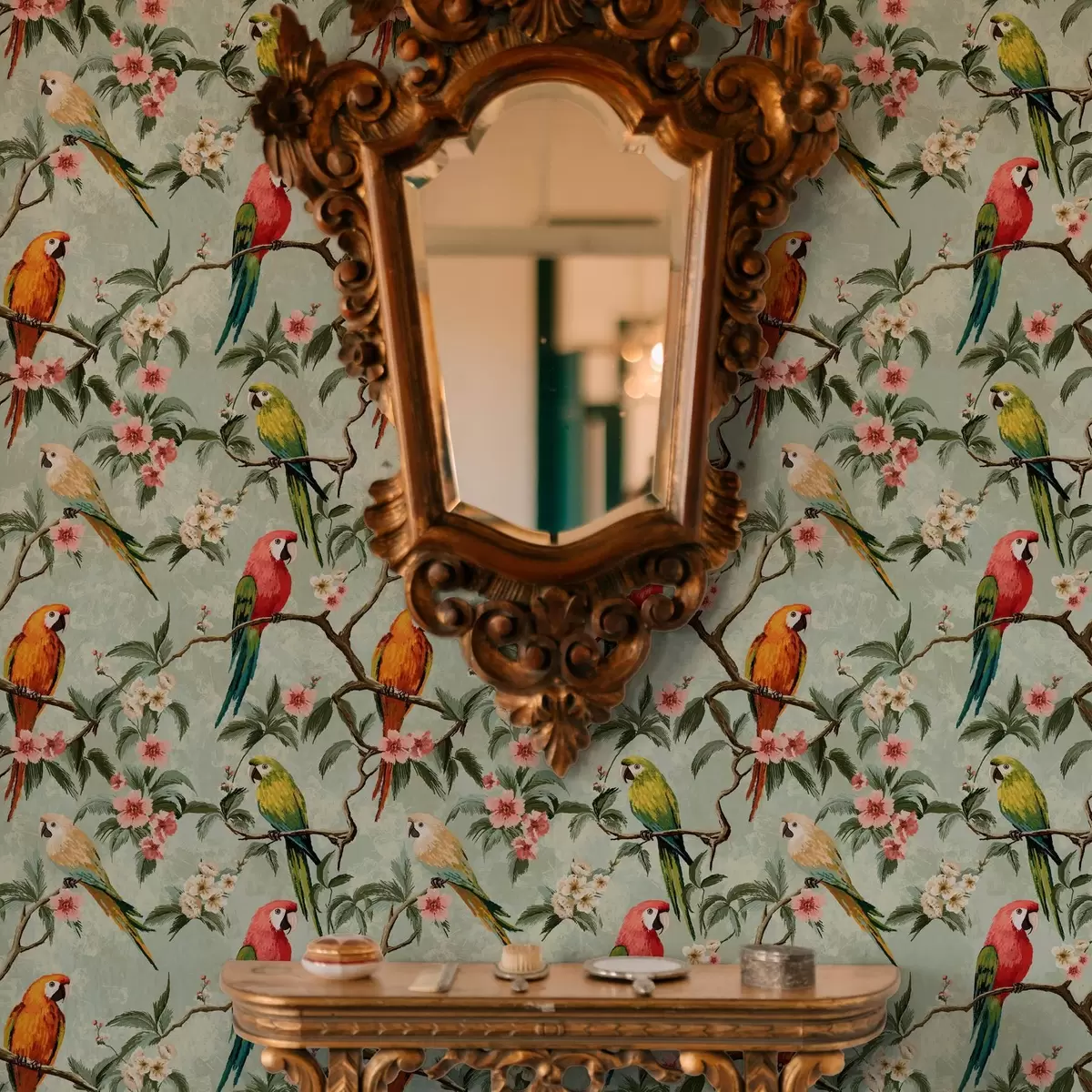 Papel de parede Papagaios multicoloridos em galhos a00088