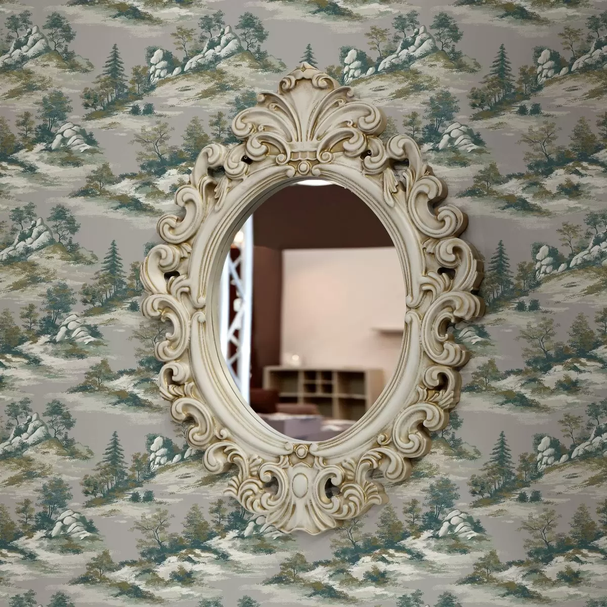 Papel de parede Árvores em bordas montanhosas com pedras em um fundo cinza a00090v1