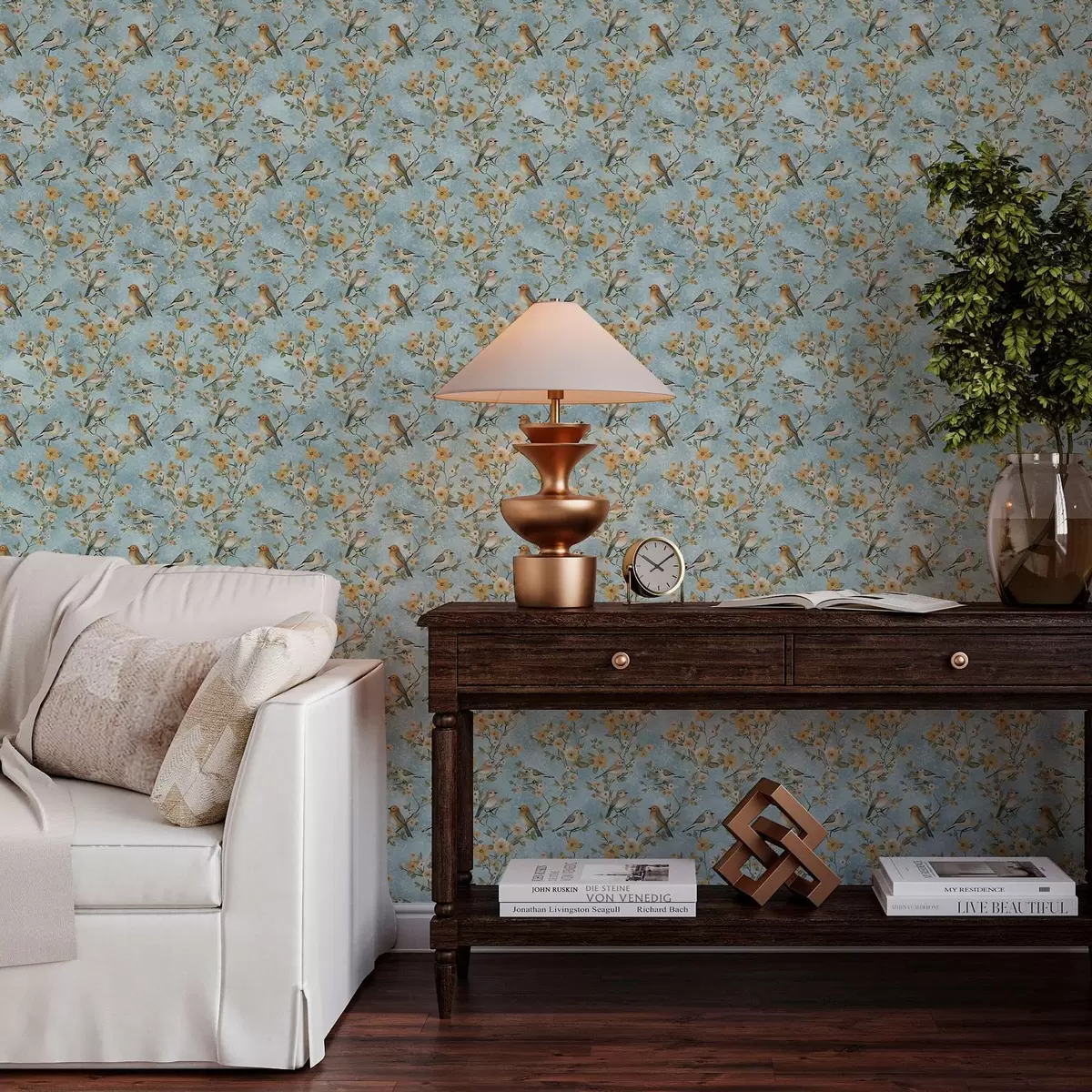 Papel de parede Pequenos pássaros em galhos sobre um fundo azul a00092