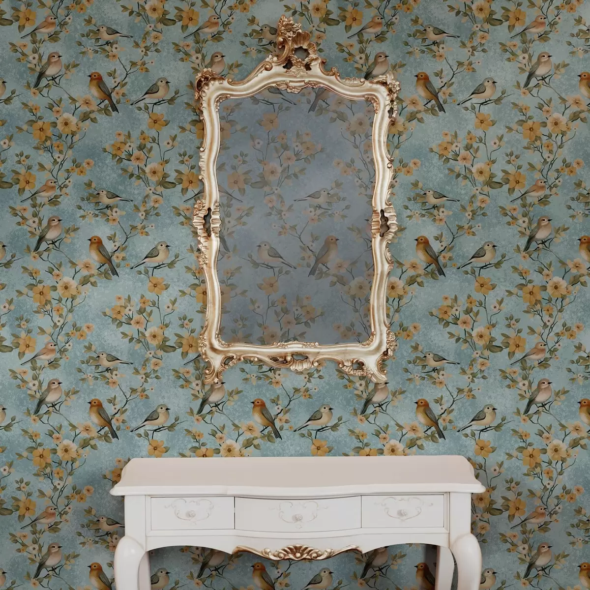 Papel de parede Pequenos pássaros em galhos sobre um fundo azul a00092