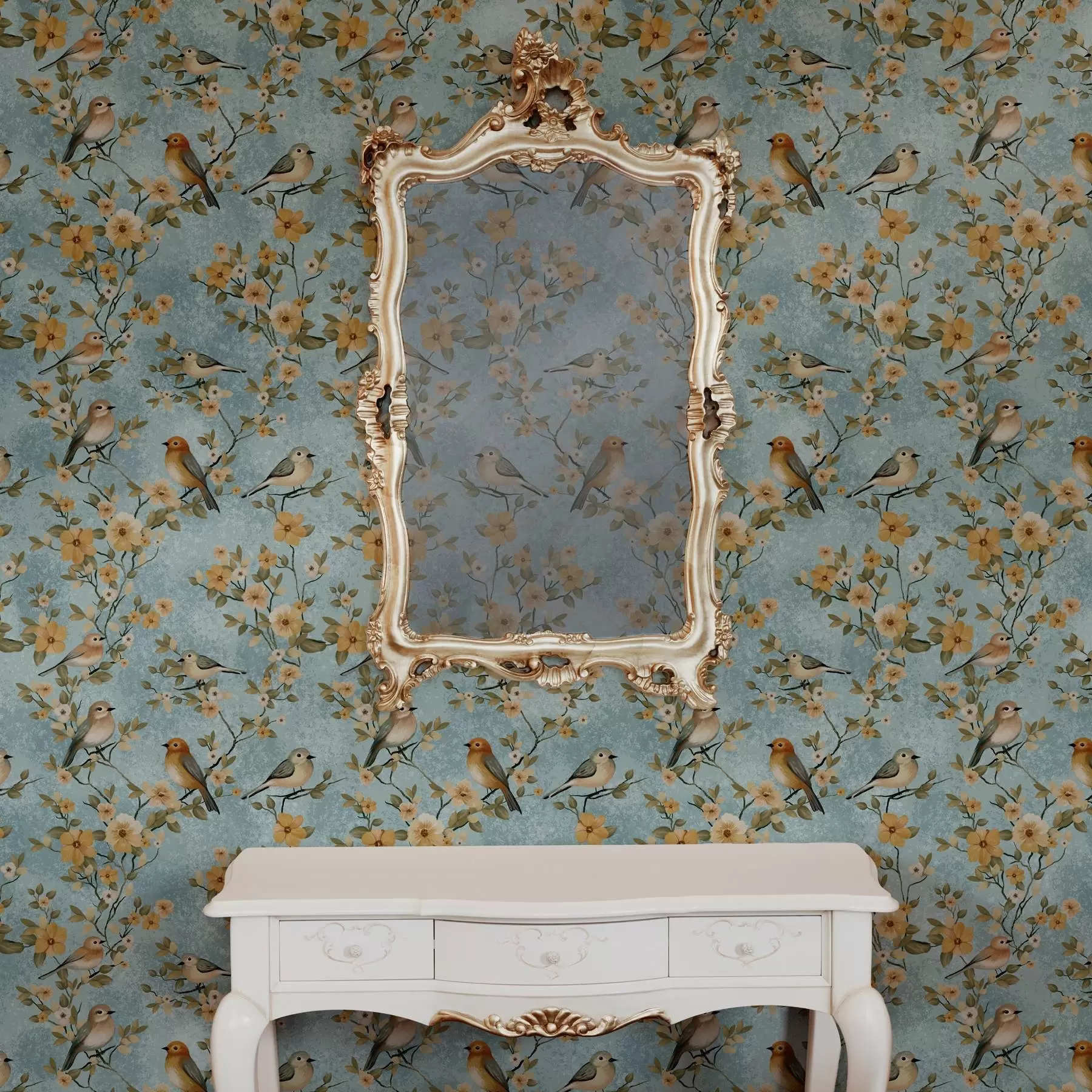 murais de parede Pequenos pássaros em galhos sobre um fundo azul a00092