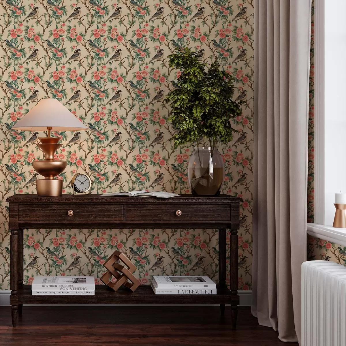 Papel de parede Pequenos pássaros em galhos com flores em um fundo claro a00093