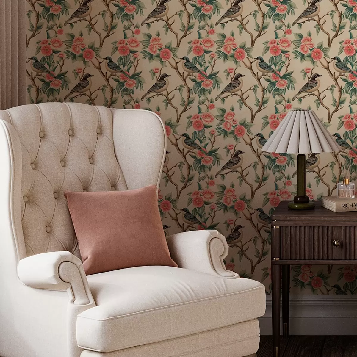 Papel de parede Pequenos pássaros em galhos com flores em um fundo claro a00093