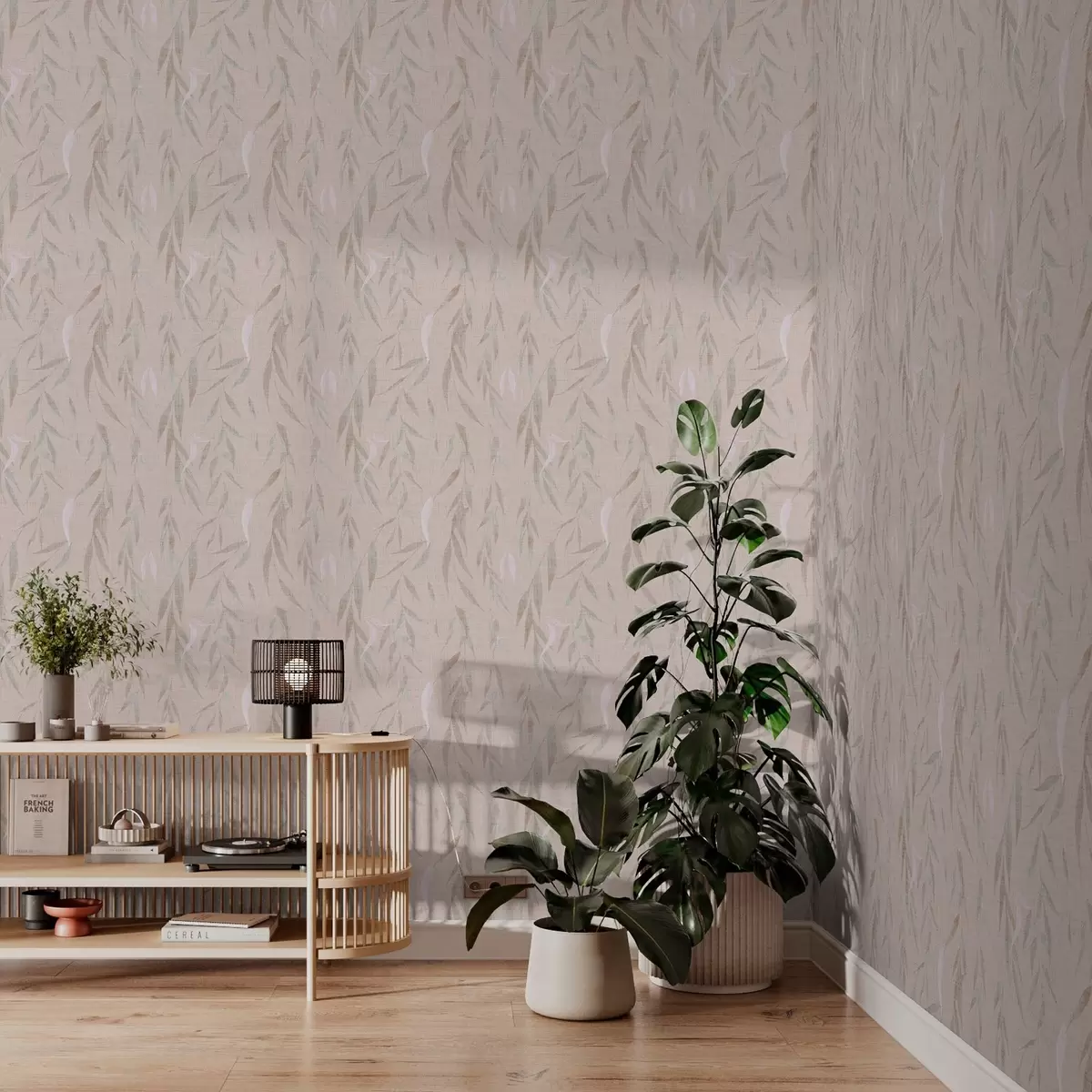 Papel de parede Galhos pendentes com folhas em um fundo bege a00095v1