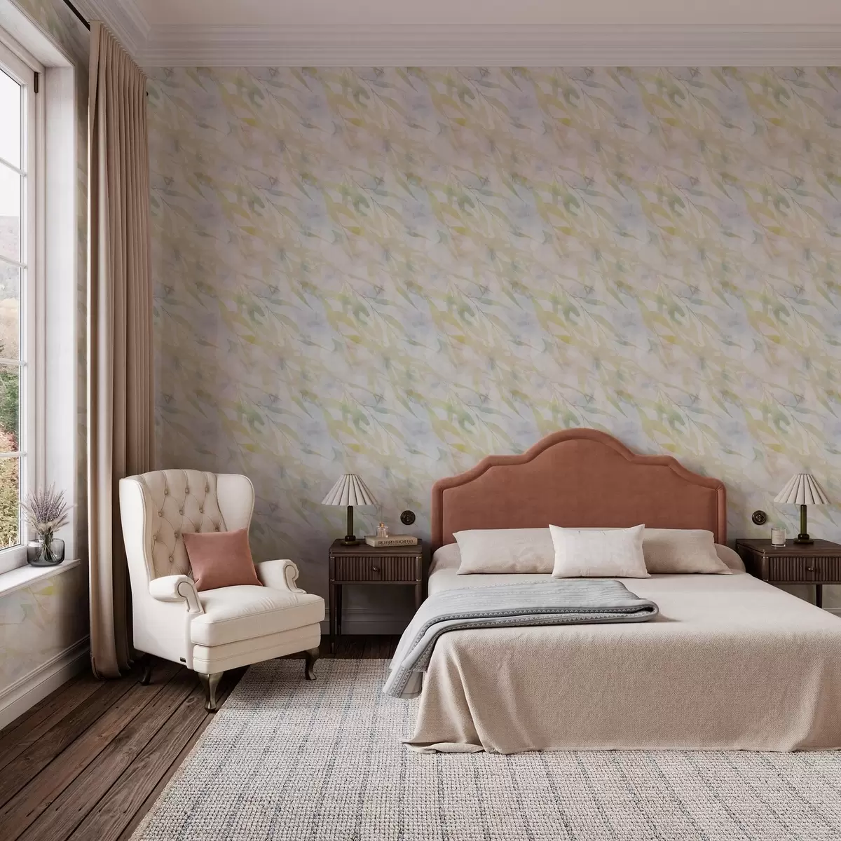 Papel de parede Galhos verde-amarelos com folhas ao vento a00097