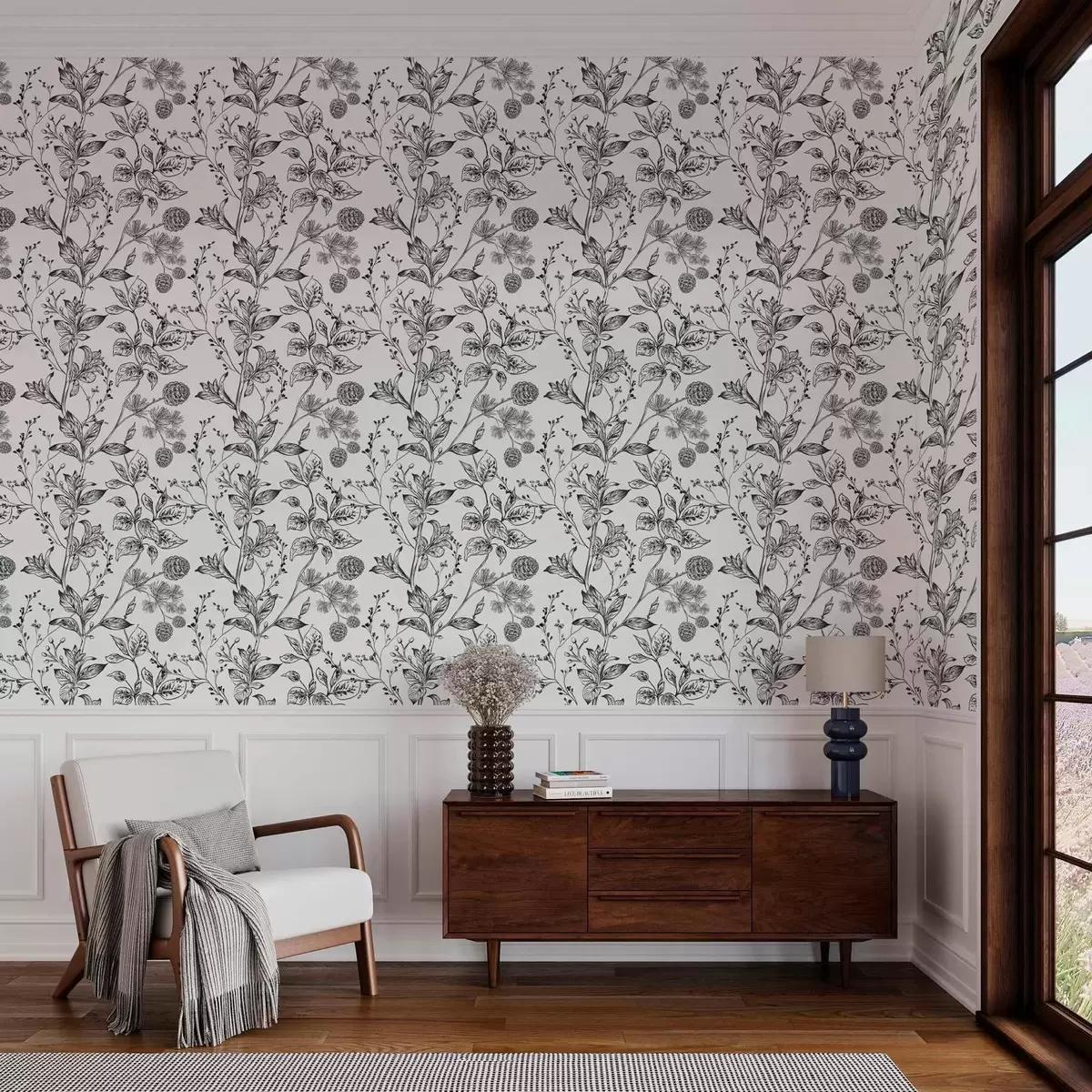 Papel de parede Ramos em preto e branco com folhas em um fundo branco a00098v1