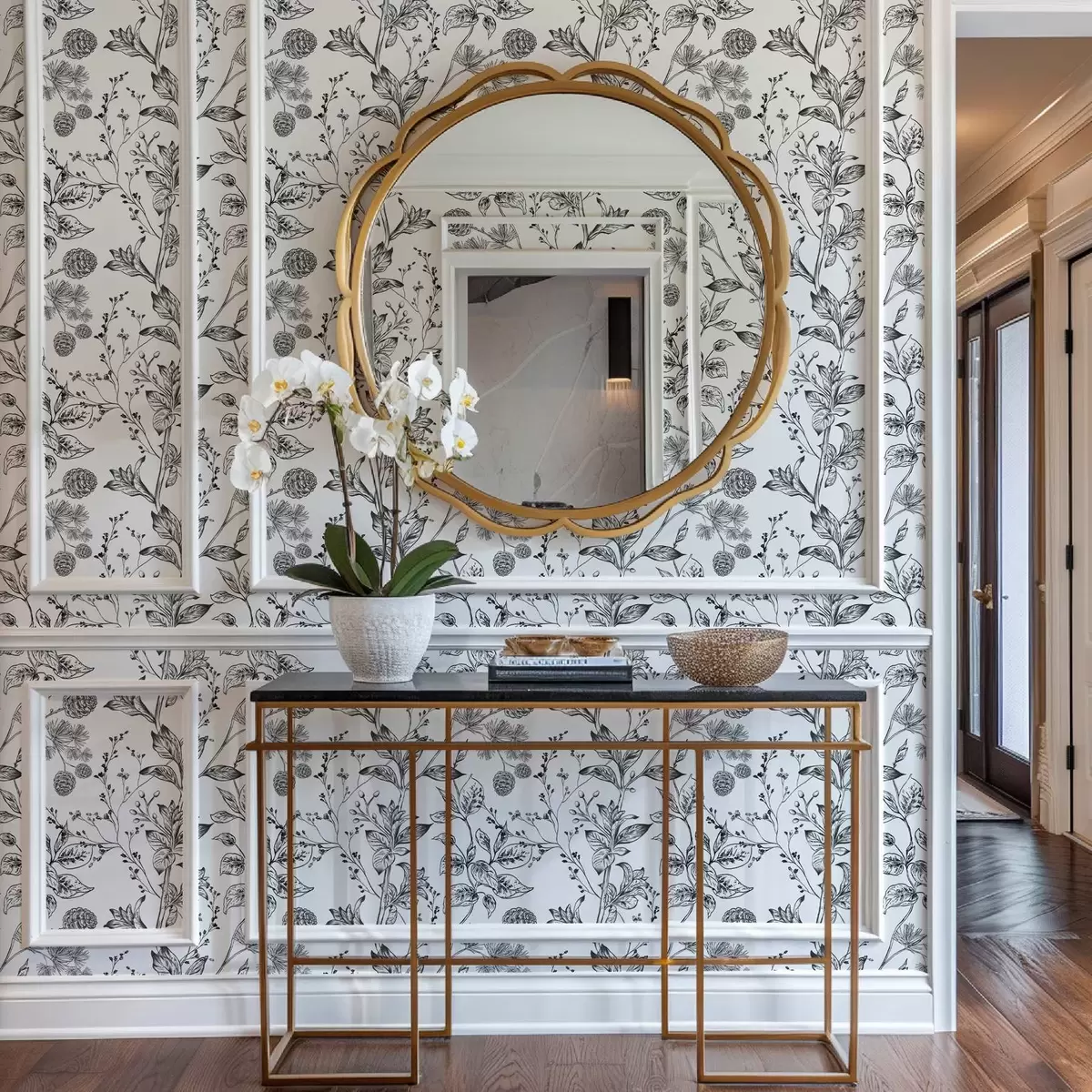 Papel de parede Ramos em preto e branco com folhas em um fundo branco a00098v1