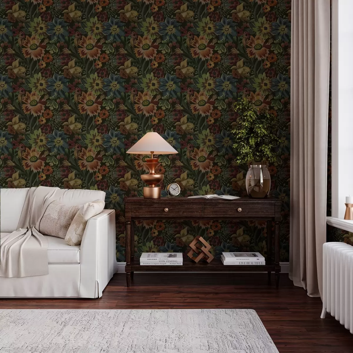 Papel de parede Flores e folhas escuras em um fundo escuro a00100