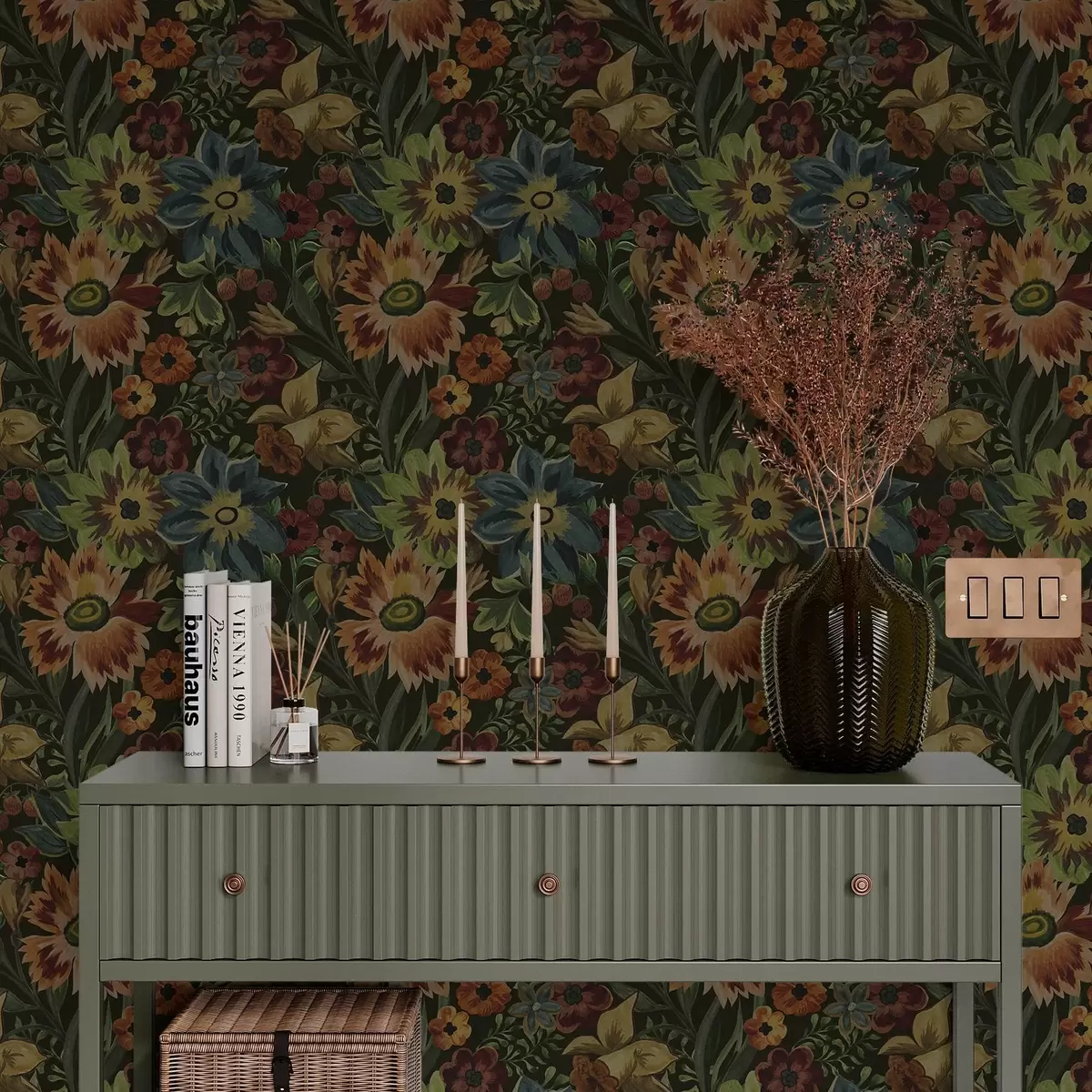 Papel de parede Flores e folhas escuras em um fundo escuro a00100