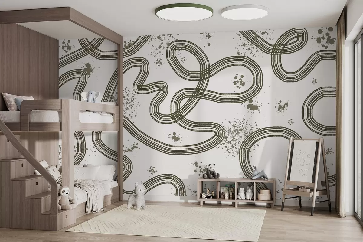 murais de parede Desenho de arte em linha, respingos de tinta, minimalismo, cor de oliva w03408