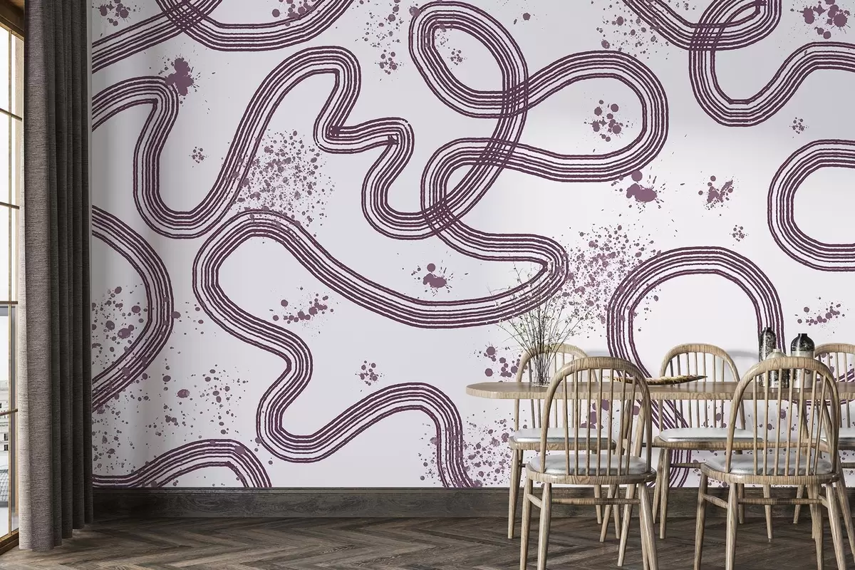 murais de parede Desenho de arte em linha, respingos de tinta, minimalismo, cor violeta w03408v1
