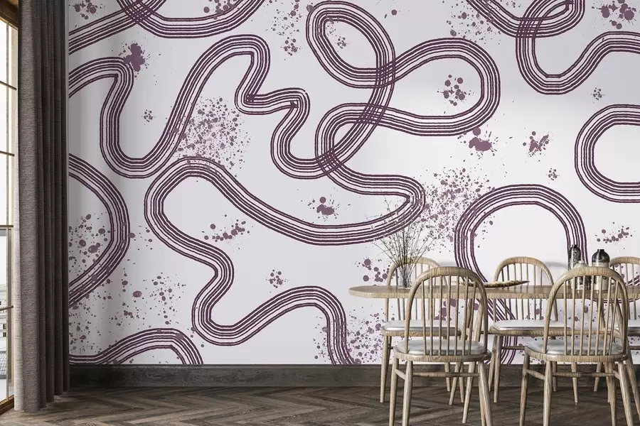 murais de parede Desenho de arte em linha, respingos de tinta, minimalismo, cor violeta w03408v1