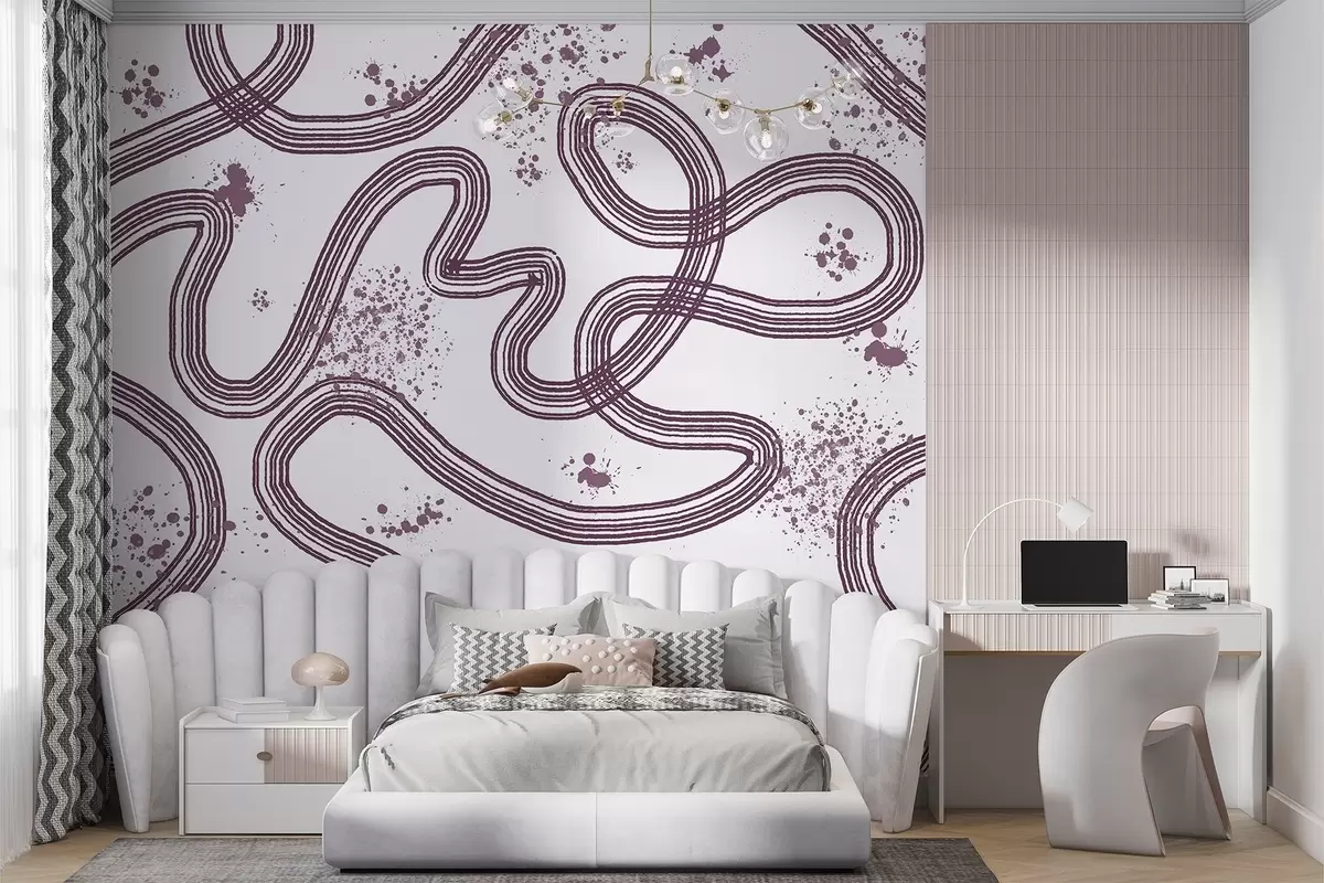 murais de parede Desenho de arte em linha, respingos de tinta, minimalismo, cor violeta w03408v1